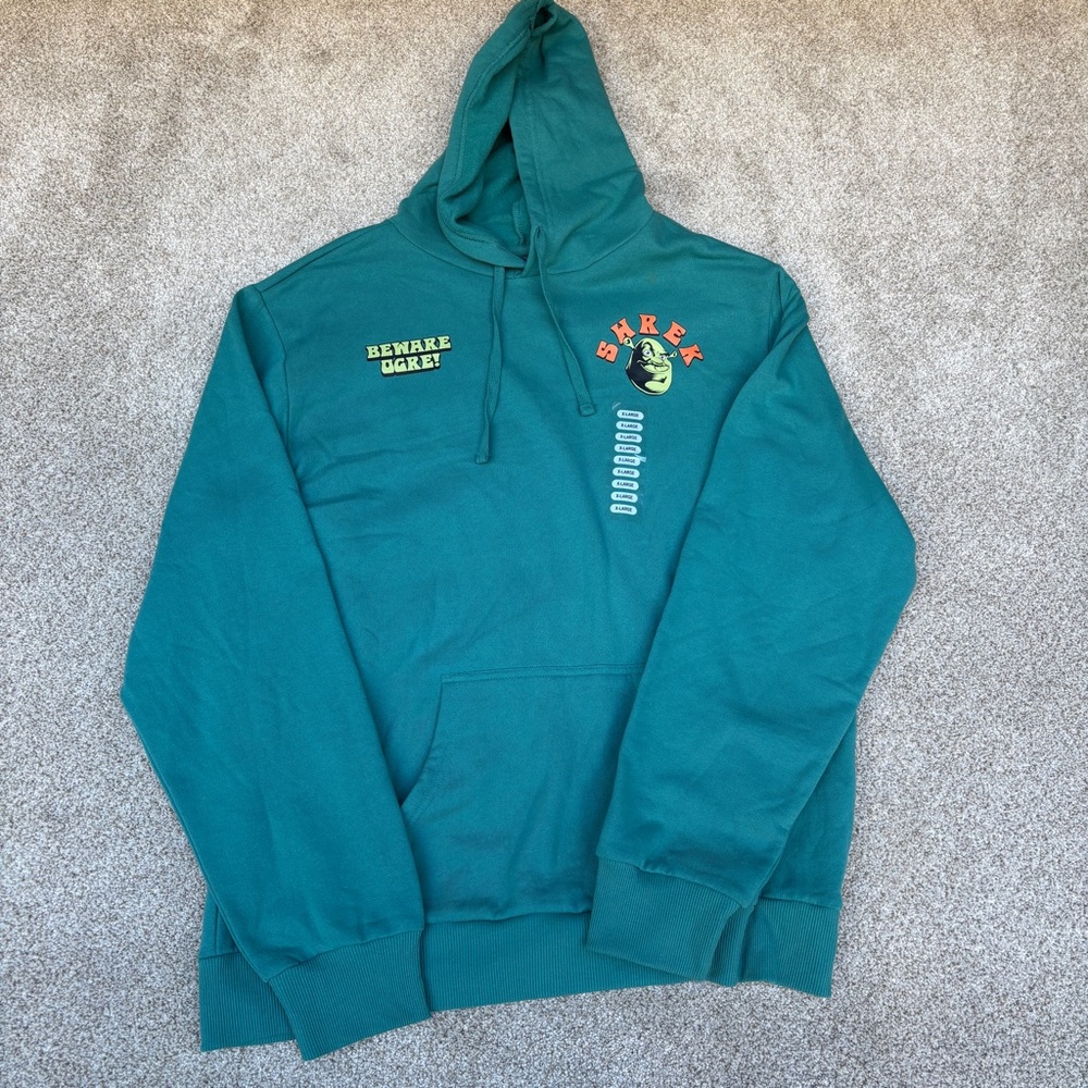 Shrek Pull Over Hoodie Men's XL Green Double Sided Graphics "Beware Ogre" NWT